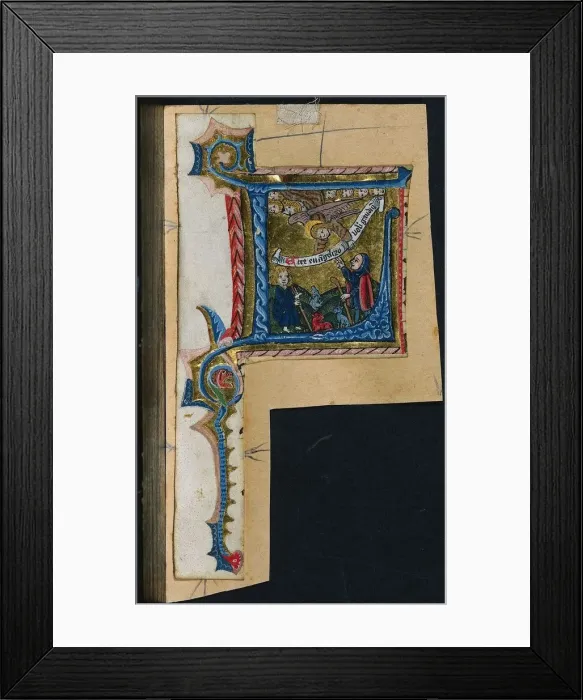 Framed Print : Three Cuttings from a Missal: Initial L with the Annunciation to the Shepherds, c Framed Print : Three Cuttings from a Missal: Initial L with the Annunciation to the Shepherds, c