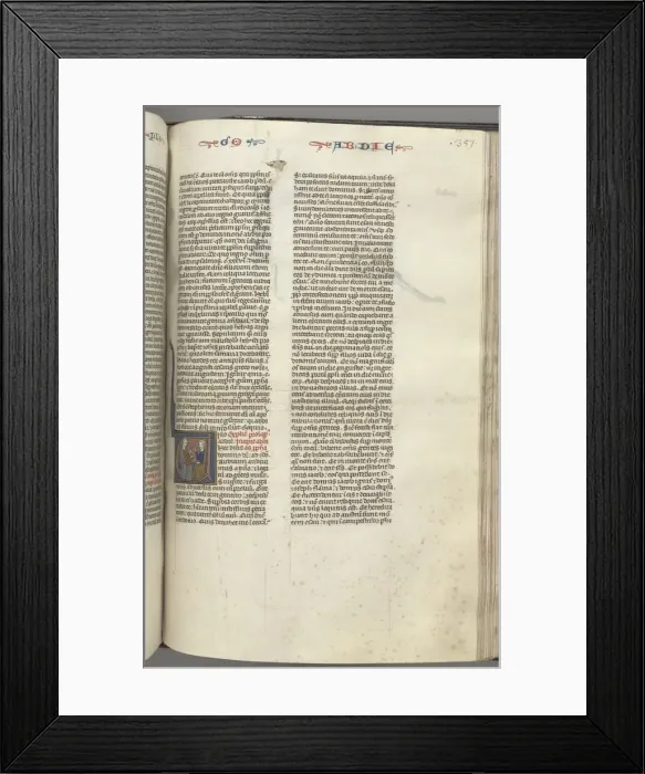 Framed Print : Fol. 357r, Obadiah, historiated initial V, Obadiah and a Jew in discussion, c. 1275-1300 Framed Print : Fol. 357r, Obadiah, historiated initial V, Obadiah and a Jew in discussion, c. 1275-1300