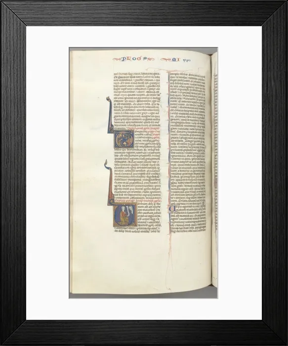 Framed Print : Fol. 358v, Micah, historiated initial V, Micah kneeling, bust of God above, c. 1275-1300 Framed Print : Fol. 358v, Micah, historiated initial V, Micah kneeling, bust of God above, c. 1275-1300