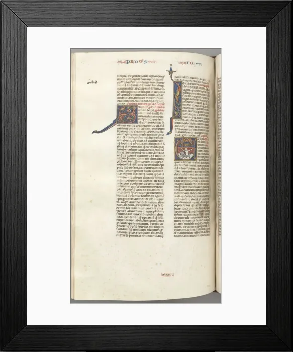 Framed Print : Fol. 357v, Jonah, historiated initial E, Jonah swallowed by the whale, a walled city above, c Framed Print : Fol. 357v, Jonah, historiated initial E, Jonah swallowed by the whale, a walled city above, c