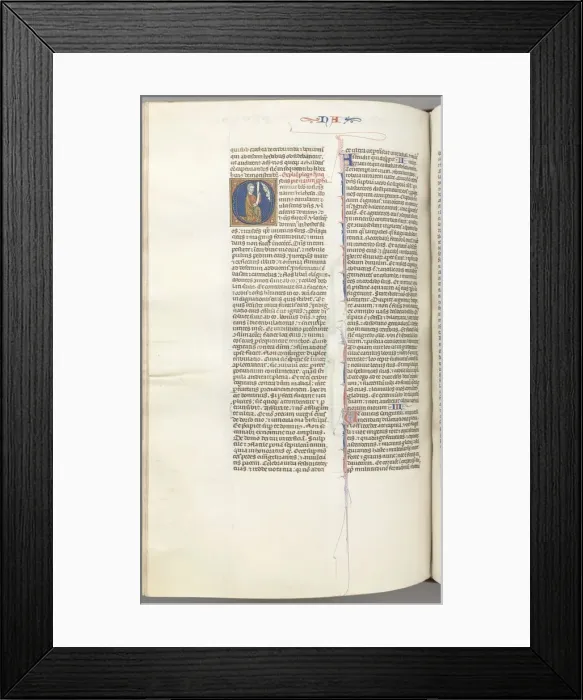 Framed Print : Fol. 360v, Nahum, historiated initial O, Nahum kneeling with a scroll, bust of God above, c Framed Print : Fol. 360v, Nahum, historiated initial O, Nahum kneeling with a scroll, bust of God above, c