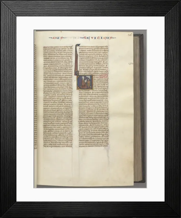 Framed Print : Fol. 36r, Leviticus, historiated initial V, Moses offering a sacrificial lamb on an altar, c Framed Print : Fol. 36r, Leviticus, historiated initial V, Moses offering a sacrificial lamb on an altar, c