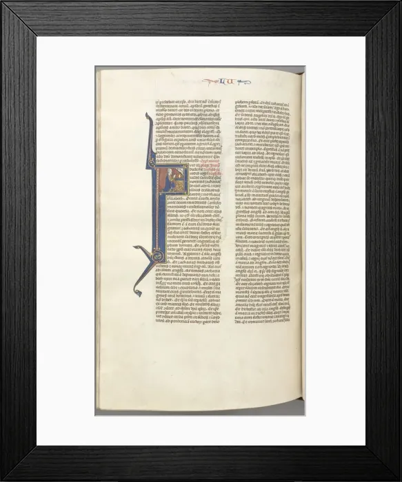 Framed Print : Fol. 412v, Luke, historiated initial F, Luke praying at an altar, bust of God above, c Framed Print : Fol. 412v, Luke, historiated initial F, Luke praying at an altar, bust of God above, c