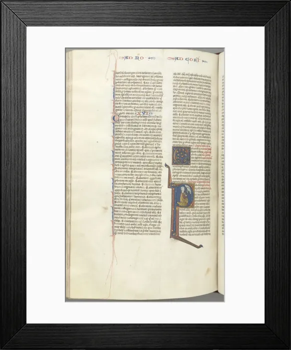 Framed Print : Fol. 440v, Corinthians I, historiated initial P, Paul kneeling talking to the bust of God above, c Framed Print : Fol. 440v, Corinthians I, historiated initial P, Paul kneeling talking to the bust of God above, c