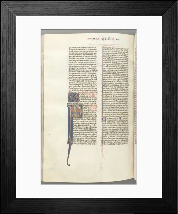 Framed Print : Fol. 450v, Ephesians, historiated initial P, Paul seated with a sword, the bust of God above, c Framed Print : Fol. 450v, Ephesians, historiated initial P, Paul seated with a sword, the bust of God above, c