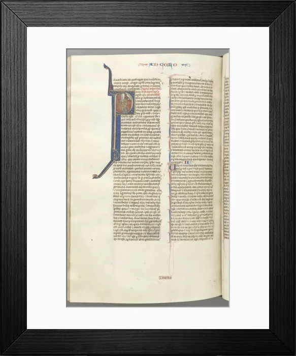 Framed Print : Fol. 453v, Colossians, historiated initial P, Paul standing talking to the bust of God above, c Framed Print : Fol. 453v, Colossians, historiated initial P, Paul standing talking to the bust of God above, c