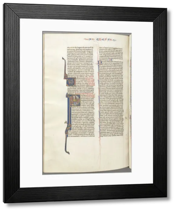 Framed Print : Fol. 454v, Thessalonians I, historiated initial P, Paul seated with a sword and a book Framed Print : Fol. 454v, Thessalonians I, historiated initial P, Paul seated with a sword and a book