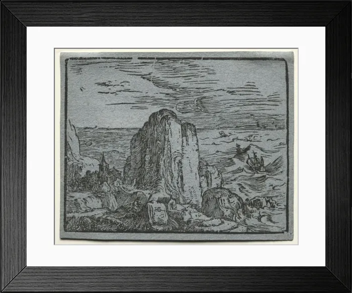 Framed Print : From a set of 4 Landscapes: No. 4- Cliff on the Seashore. Creator: Hendrick Goltzius (Dutch Framed Print : From a set of 4 Landscapes: No. 4- Cliff on the Seashore. Creator: Hendrick Goltzius (Dutch
