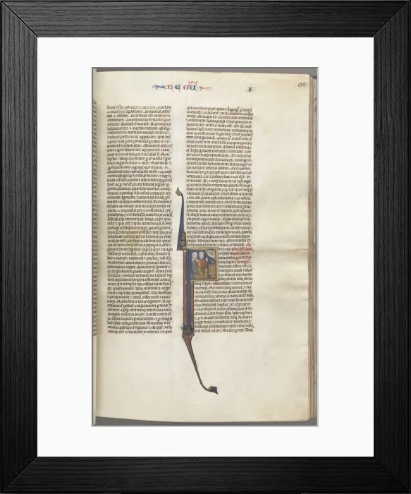 Framed Print : Fol. 98r, Kings I, historiated initial F, Elkanah and Hannah kneeling before an altar