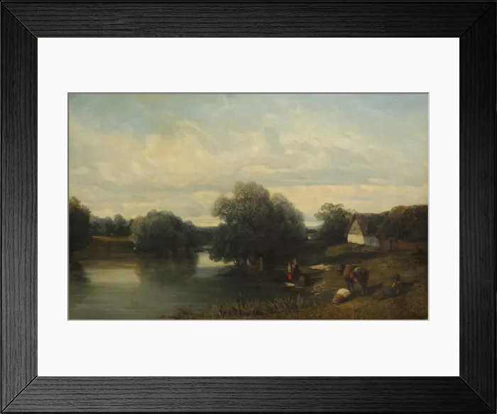 Framed Print : Cottage by the River with Washerwomen, 1835. Creator: Camille Flers (French, 1802-1868) Framed Print : Cottage by the River with Washerwomen, 1835. Creator: Camille Flers (French, 1802-1868)