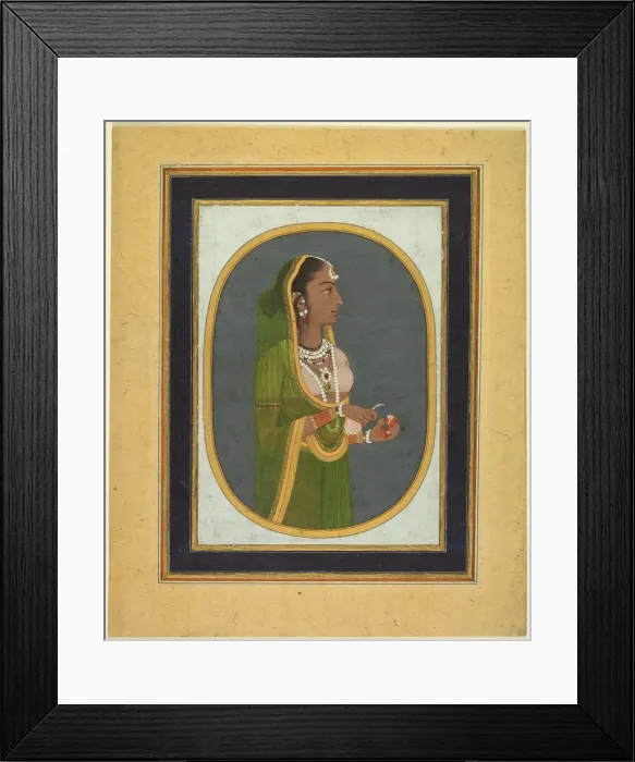 Framed Print : Court lady pouring wine, c. 1760; borders c. 1830s. Creator: Muhammad Rizavi Hindi (Indian Framed Print : Court lady pouring wine, c. 1760; borders c. 1830s. Creator: Muhammad Rizavi Hindi (Indian