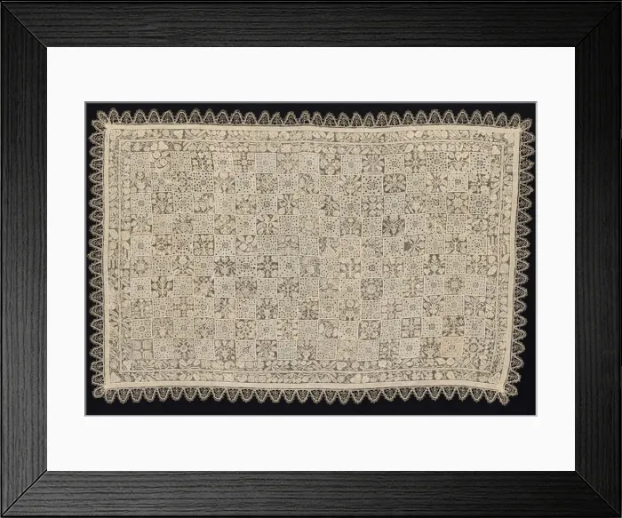 Framed Print : Cloth with One Figure of a Woman Carrying a Cross Surrounded by Floral and Vegetal Framed Print : Cloth with One Figure of a Woman Carrying a Cross Surrounded by Floral and Vegetal