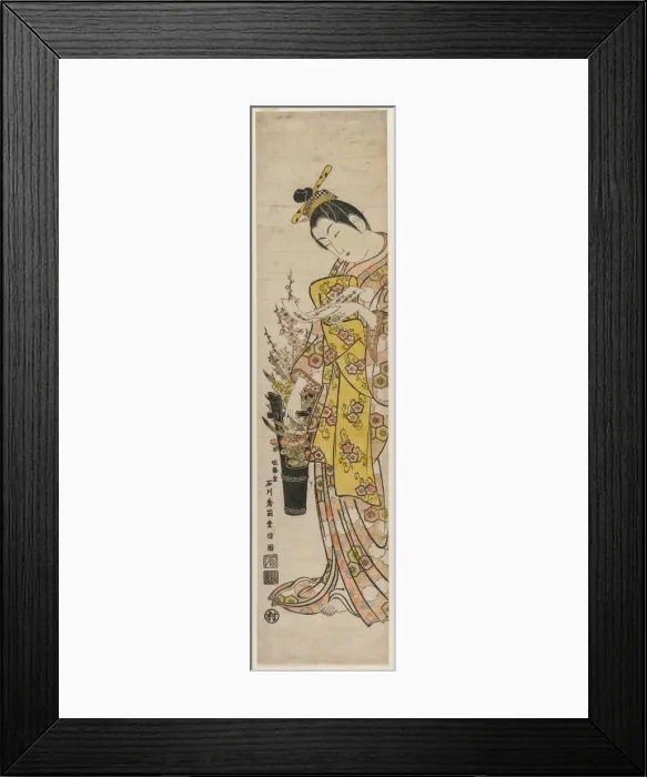 Framed Print : Courtesan Reading a Poem Slip Tied to Flowers in a Vase, mid-1740s. Creator: Ishikawa Toyonobu Framed Print : Courtesan Reading a Poem Slip Tied to Flowers in a Vase, mid-1740s. Creator: Ishikawa Toyonobu