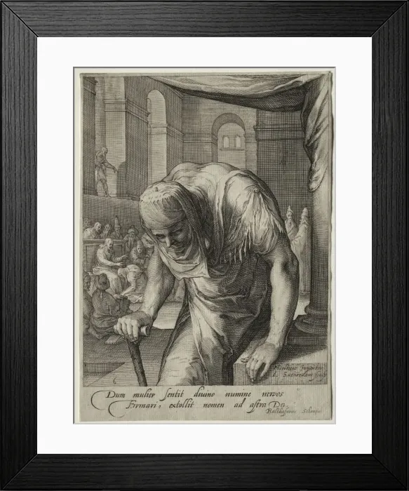 Framed Print : Heroines of the New Testament: The Crippled Woman Healed by Christ. Creator: Jan Saenredam (Dutch Framed Print : Heroines of the New Testament: The Crippled Woman Healed by Christ. Creator: Jan Saenredam (Dutch
