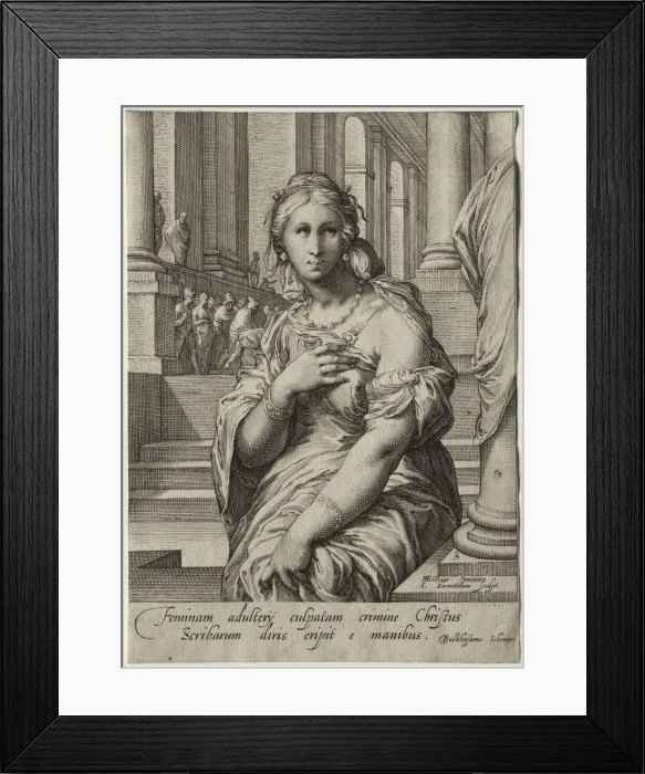 Framed Print : Heroines of the New Testament: The Woman Taken in Adultery. Creator: Jan Saenredam (Dutch Framed Print : Heroines of the New Testament: The Woman Taken in Adultery. Creator: Jan Saenredam (Dutch