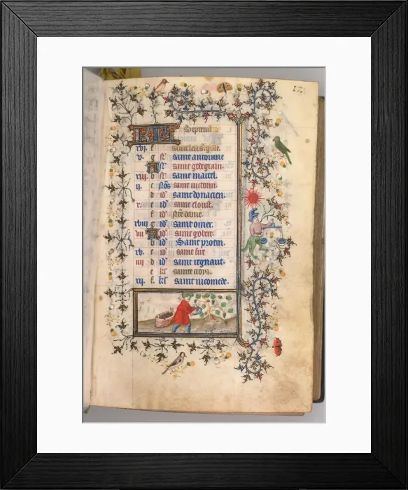 Framed Print : Hours of Charles the Noble, King of Navarre (1361-1425): fol. 9r, September, c. 1405 Framed Print : Hours of Charles the Noble, King of Navarre (1361-1425): fol. 9r, September, c. 1405
