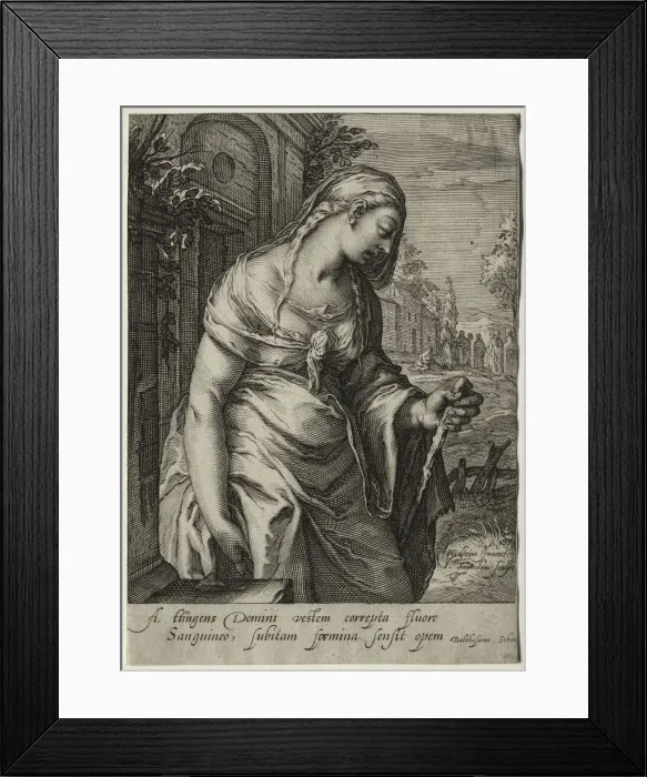 Framed Print : Heroines of the New Testament: The Woman with the Issue of Blood. Creator: Jan Saenredam (Dutch Framed Print : Heroines of the New Testament: The Woman with the Issue of Blood. Creator: Jan Saenredam (Dutch