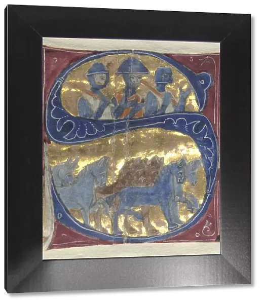 Historiated Initial (S) Excised from a Bible: Soldiers and Horses, 1200s. Creator: Unknown