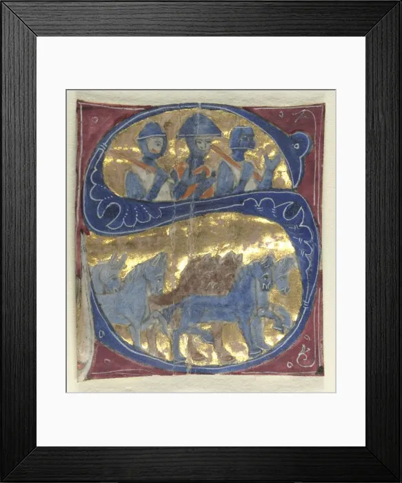 Framed Print : Historiated Initial (S) Excised from a Bible: Soldiers and Horses, 1200s. Creator: Unknown Framed Print : Historiated Initial (S) Excised from a Bible: Soldiers and Horses, 1200s. Creator: Unknown