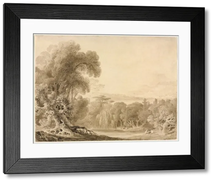 Framed Print : Figures Seated by a Lake in a Wooded Landscape, 1820. Creator: John Martin (British, 1789-1854) Framed Print : Figures Seated by a Lake in a Wooded Landscape, 1820. Creator: John Martin (British, 1789-1854)