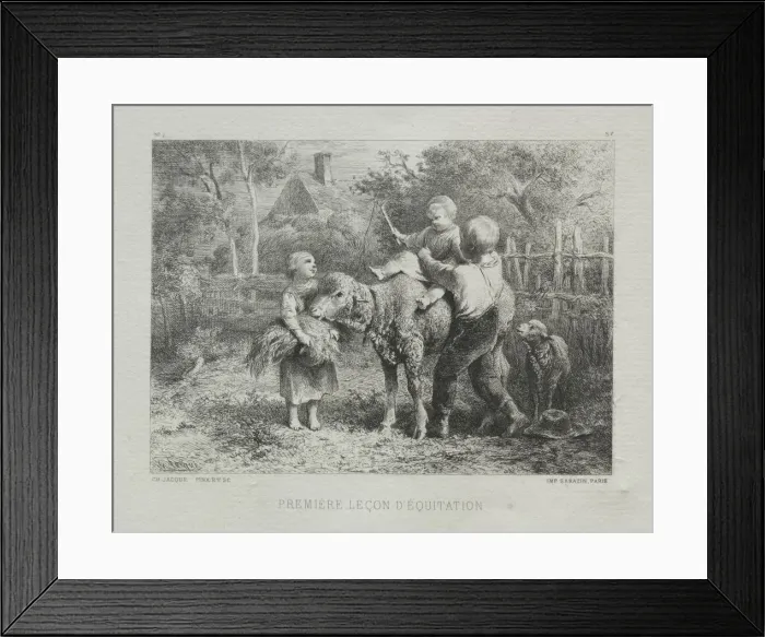 Framed Print : First Riding Lesson. Creator: Charles-Emile Jacque (French, 1813-1894) Framed Print : First Riding Lesson. Creator: Charles-Emile Jacque (French, 1813-1894)