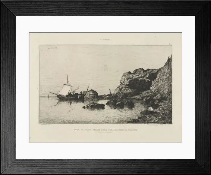 Framed Print : Fishing boat making a port of call at the rocks of Collioure, 1878. Creator: Adolphe Appian Framed Print : Fishing boat making a port of call at the rocks of Collioure, 1878. Creator: Adolphe Appian