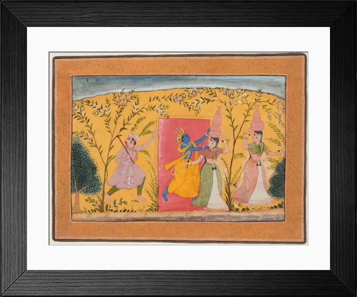 Framed Print : Krishna Exacts a toll from the Milkmaids, from a Bhagavata Purana, c. 1600. Creator: Unknown Framed Print : Krishna Exacts a toll from the Milkmaids, from a Bhagavata Purana, c. 1600. Creator: Unknown