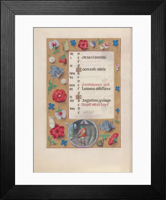 Framed Print : Hours of Queen Isabella the Catholic, Queen of Spain: Fol. 9v, August, c. 1500. Creator Framed Print : Hours of Queen Isabella the Catholic, Queen of Spain: Fol. 9v, August, c. 1500. Creator