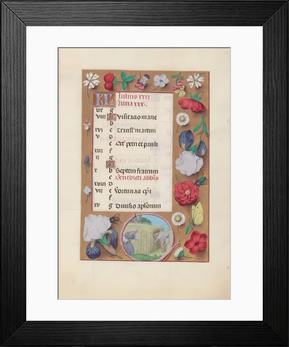Framed Print : Hours of Queen Isabella the Catholic, Queen of Spain: Fol. 8r, July - Harvesting Wheat, c Framed Print : Hours of Queen Isabella the Catholic, Queen of Spain: Fol. 8r, July - Harvesting Wheat, c