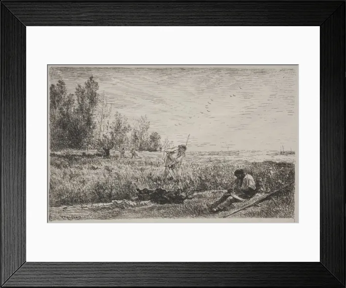 Framed Print : Hay-making, original impression 1862, printed in 1921. Creator: Charles Francois Daubigny Framed Print : Hay-making, original impression 1862, printed in 1921. Creator: Charles Francois Daubigny