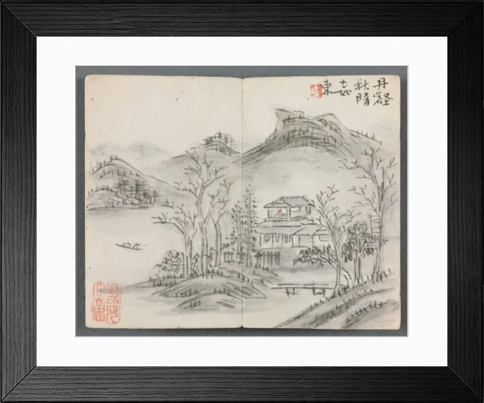 Framed Print : Miniature Album with Figures and Landscape (Landscape with Hill, House, Boat and Bridge), 1822 Framed Print : Miniature Album with Figures and Landscape (Landscape with Hill, House, Boat and Bridge), 1822