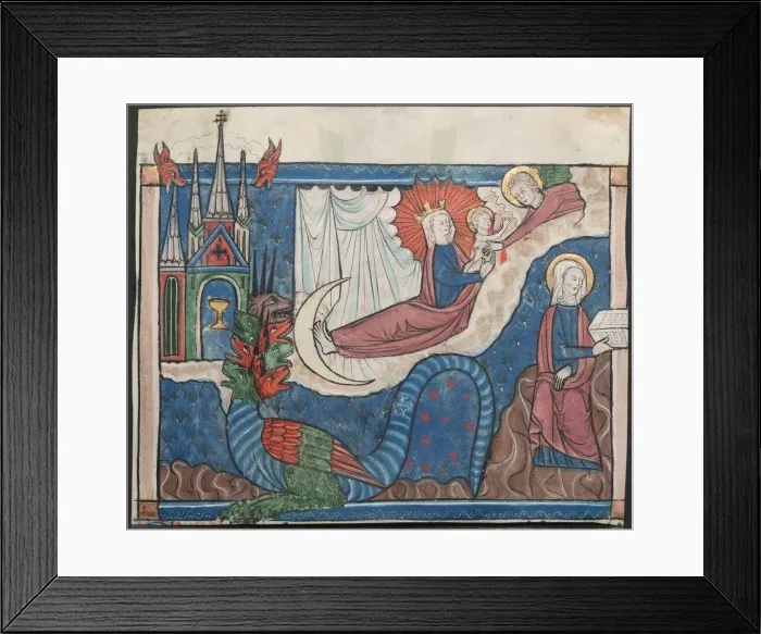 Framed Print : Miniature from a Manuscript of the Apocalypse: The Woman Clothed with the Sun, c. 1295 Framed Print : Miniature from a Manuscript of the Apocalypse: The Woman Clothed with the Sun, c. 1295