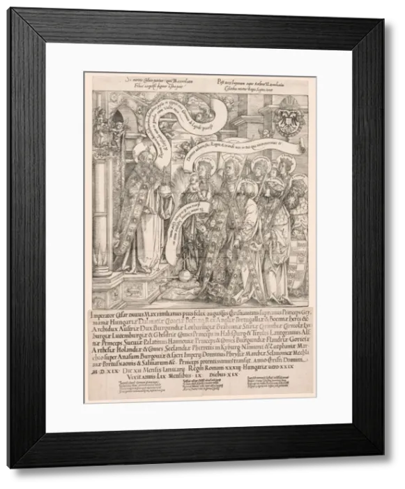 Framed Print : Maximilian Presented by His Patron Saints to the Almighty, 1519. Creator: Hans Springinklee Framed Print : Maximilian Presented by His Patron Saints to the Almighty, 1519. Creator: Hans Springinklee