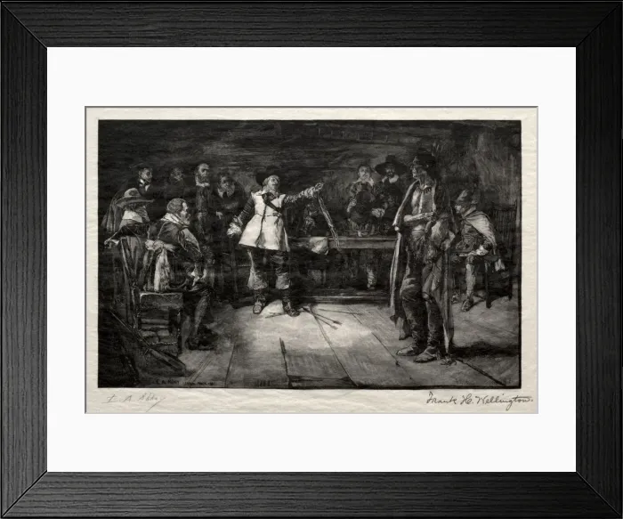 Framed Print : Miles Standishs Challenge, 1887. Creator: Frank H. Wellington (American, 1858-1911) Framed Print : Miles Standishs Challenge, 1887. Creator: Frank H. Wellington (American, 1858-1911)