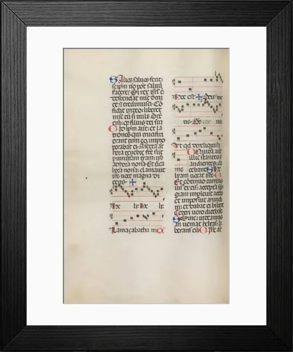 Framed Print : Missale: Fol. 121v: contains music for Hely Hely Lama etc. within St. Mattion Passion Framed Print : Missale: Fol. 121v: contains music for Hely Hely Lama etc. within St. Mattion Passion