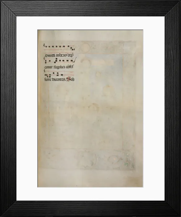 Framed Print : Missale: Fol. 185: Cross, Foliage & Music for Various Ordinary Prayers, 1469. Creator Framed Print : Missale: Fol. 185: Cross, Foliage & Music for Various Ordinary Prayers, 1469. Creator