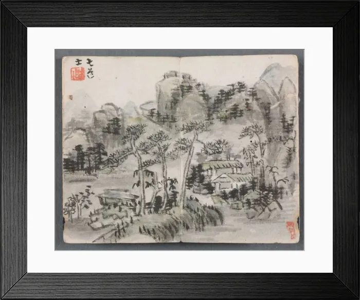 Framed Print : Miniature Album with Figures and Landscape (Landscape with Two Buildings), 1822. Creator Framed Print : Miniature Album with Figures and Landscape (Landscape with Two Buildings), 1822. Creator