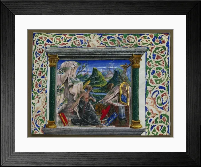 Framed Print : Miniature Excised from a Manuscript: St. Jerome in the Wilderness, c. 1500. Creator: Unknown Framed Print : Miniature Excised from a Manuscript: St. Jerome in the Wilderness, c. 1500. Creator: Unknown