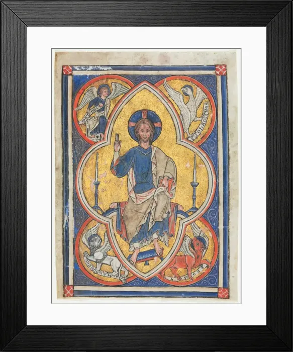 Framed Print : Miniature Excised from a Psalter: Christ in Majesty with Symbols of the Four Evangelists, c Framed Print : Miniature Excised from a Psalter: Christ in Majesty with Symbols of the Four Evangelists, c