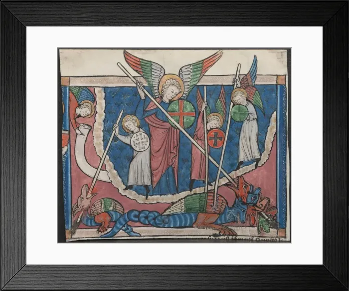 Framed Print : Miniature from a Manuscript of the Apocalypse: The War in Heaven, c. 1295. Creator: Unknown Framed Print : Miniature from a Manuscript of the Apocalypse: The War in Heaven, c. 1295. Creator: Unknown