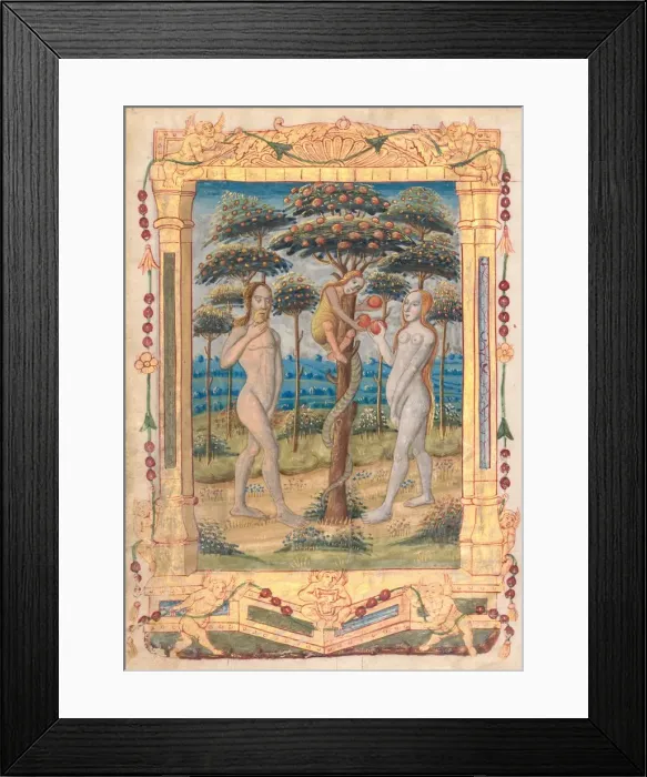 Framed Print : Leaf from a Book of Hours: Adam and Eve and the Fall of Man (recto)... c. 1510. Creator: Unknown Framed Print : Leaf from a Book of Hours: Adam and Eve and the Fall of Man (recto)... c. 1510. Creator: Unknown