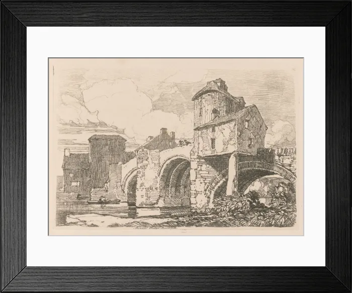 Framed Print : Liber Studiorum: Plate 26, Monnow Bridge, Monmouthshire, 1838. Creator: John Sell Cotman (British Framed Print : Liber Studiorum: Plate 26, Monnow Bridge, Monmouthshire, 1838. Creator: John Sell Cotman (British