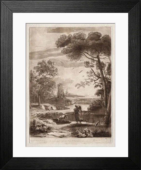 Framed Print : Liber Veritatis: No. 50, A River Scene with Tobias and the Angel, 1774. Creator: Richard Earlom Framed Print : Liber Veritatis: No. 50, A River Scene with Tobias and the Angel, 1774. Creator: Richard Earlom