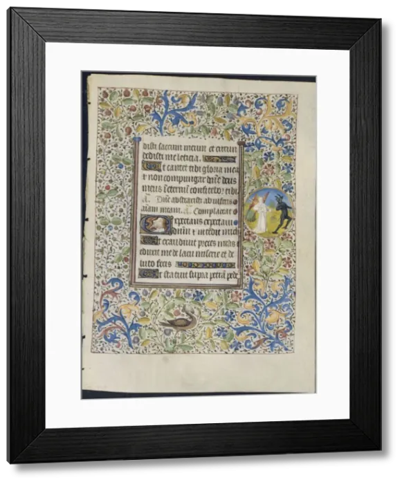 Framed Print : Leaf from a Book of Hours: Angel Chasing a Devil (recto), c. 1460. Creator: Coetivy Master Framed Print : Leaf from a Book of Hours: Angel Chasing a Devil (recto), c. 1460. Creator: Coetivy Master