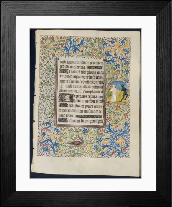 Framed Print : Leaf from a Book of Hours: Angel Chasing a Devil (recto) and Two Devils (verso), c Framed Print : Leaf from a Book of Hours: Angel Chasing a Devil (recto) and Two Devils (verso), c