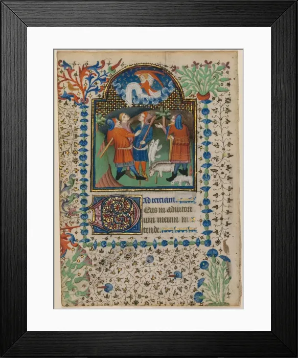 Framed Print : Leaf from a Book of Hours: Annunciation to the Shepherds (recto) and Text (verso), c Framed Print : Leaf from a Book of Hours: Annunciation to the Shepherds (recto) and Text (verso), c