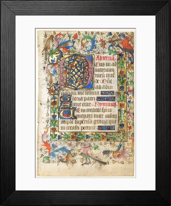Framed Print : Leaf from a Book of Hours: Decorated Initial D[eus] with Foliated Border... 1430s