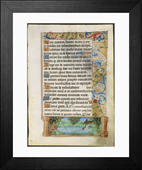 Framed Print : Leaf from a Book of Hours: Ape Fishing, c. 1500-1510. Creator: Unknown Framed Print : Leaf from a Book of Hours: Ape Fishing, c. 1500-1510. Creator: Unknown