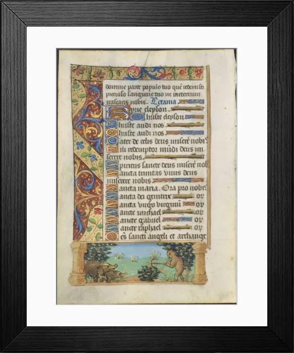 Framed Print : Leaf from a Book of Hours: Ape Hunting Wild Boars, c. 1500-1510. Creator: Unknown Framed Print : Leaf from a Book of Hours: Ape Hunting Wild Boars, c. 1500-1510. Creator: Unknown