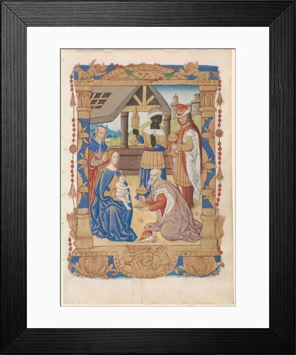 Framed Print : Leaf from a Book of Hours: Adoration of the Magi (recto) and Text with Illustrated Border (verso) Framed Print : Leaf from a Book of Hours: Adoration of the Magi (recto) and Text with Illustrated Border (verso)